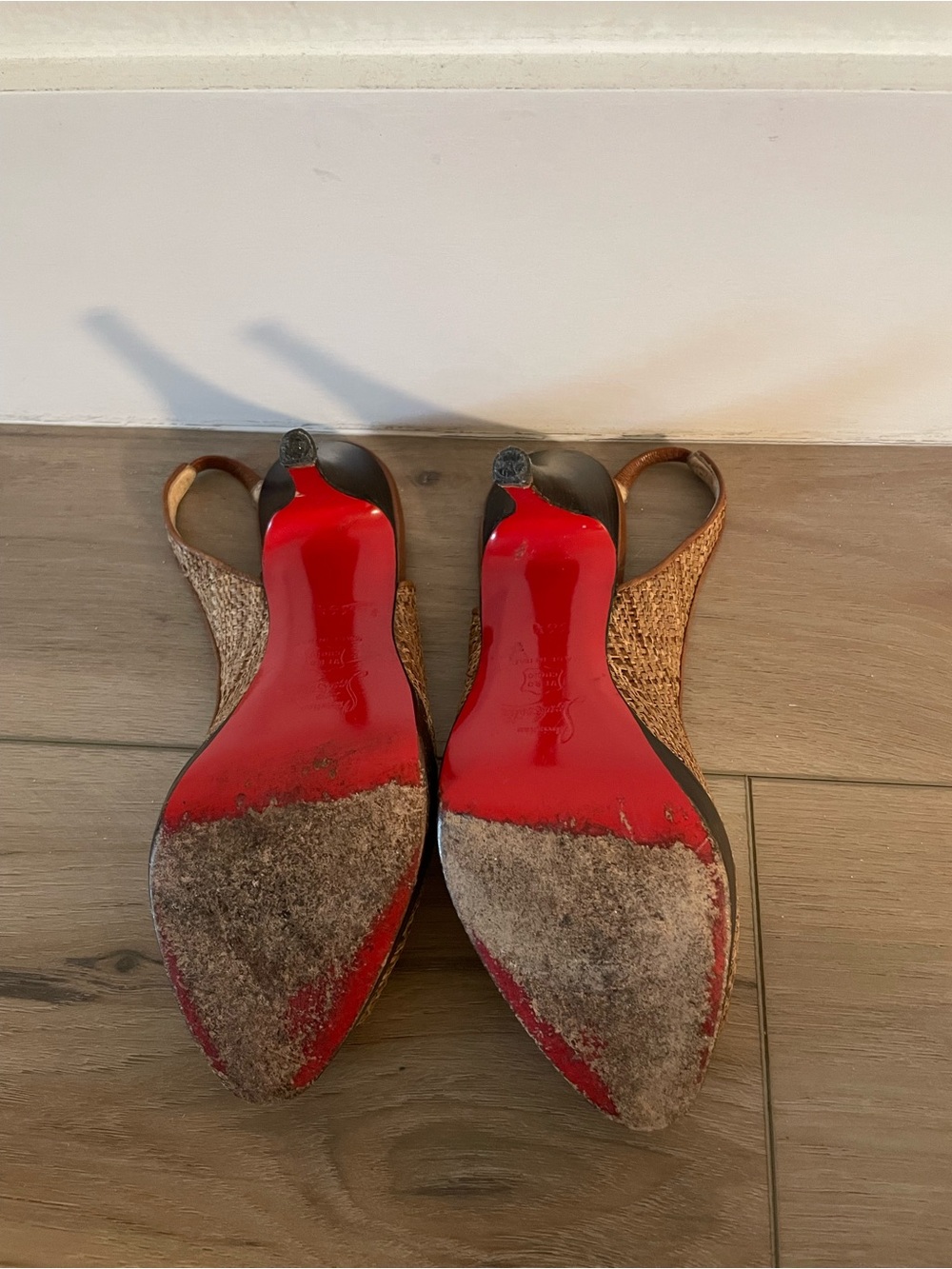 Christian Louboutin Woven Tan Peep-Toe Slingback Heels - Picture 2 of 2